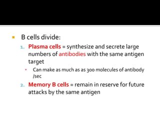    B cells divide:
    1. Plasma cells = synthesize and secrete large
         numbers of antibodies with the same antigen
         target
     ▪    Can make as much as as 300 molecules of antibody
          /sec
    2. Memory B cells = remain in reserve for future
         attacks by the same antigen
 