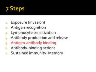 1.   Exposure (invasion)
2.   Antigen recognition
3.   Lymphocyte sensitization
4.   Antibody production and release
5.   Antigen-antibody binding
6.   Antibody-binding actions
7.   Sustained immunity: Memory
 