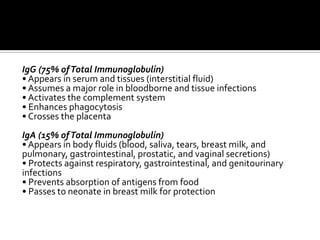 IgG (75% of Total Immunoglobulin)
• Appears in serum and tissues (interstitial fluid)
• Assumes a major role in bloodborne and tissue infections
• Activates the complement system
• Enhances phagocytosis
• Crosses the placenta
IgA (15% of Total Immunoglobulin)
• Appears in body fluids (blood, saliva, tears, breast milk, and
pulmonary, gastrointestinal, prostatic, and vaginal secretions)
• Protects against respiratory, gastrointestinal, and genitourinary
infections
• Prevents absorption of antigens from food
• Passes to neonate in breast milk for protection
 