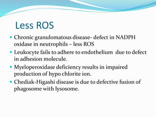 Less ROS
 Chronic granulomatous disease- defect in NADPH
oxidase in neutrophils – less ROS
 Leukocyte fails to adhere to endothelium due to defect
in adhesion molecule.
 Myeloperoxidase deficiency results in impaired
production of hypo chlorite ion.
 Chediak-Higashi disease is due to defective fusion of
phagosome with lysosome.
 