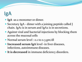 IgA
 IgA -as a monomer or dimer.
 Secretary IgA - dimer with a joining peptide called J
chain. IgA1 is in serum and IgA2 is in secretions.
 Against viral and bacterial injections by blocking them
across the mucosal cells
 Normal serum level : 0.1 to 0.3 gm/dl
 Increased serum IgA level -in liver diseases,
infections, autoimmune diseases.
 It is decreased in immune deficiency disorders.
 