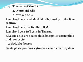 3. The cells of the I.S
a. Lymphoid cells
b. Myeloid cells
Lymphoid cells and Myeloid cells develop in the Bone
marrow
Lymphoid cells to B cells in B.M
Lymphoid cells to T cells in Thymus
Myeloid cells are neutrophils, basophils, eosinophils
and monocytes.
4. Soluble factors
Acute phase proteins, cytokines, complement system
 