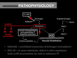 ANGIOEDEMA PATHOPHYSIOLOGY
• HAE/AAE = uninhibited conversion of kininogen to bradykinin
• ACEi-AE = in some individuals, ...