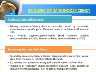 ETIOLOGY OF IMMUNODEFICIENCY
• Primary immunodeficiency disorders may be caused by mutations,
sometimes in a specific gene. Mutation leads to deficiencies if immune
cells.
• e.g.- X-linked a-gamma-globuli-nemia (XLA), common variable
immunodeficiency (CVID), Severe combined immunodeficiency (SCID)
Primary immunodeficiency
• Secondary immunodeficiency disorders happen when an outside source
like a toxic chemical or infection attacks the body.
• E.g.- severe burns, chemotherapy, radiation, Diabetes, malnutrition
• (examples of secondary immunodeficiency diseases- AIDS, cancers of
immune system, leukaemia, viral hepatitis, multiple myeloma)
Secondary immunodeficiency
 