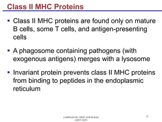 22
§ Class II MHC proteins are found only on mature
B cells, some T cells, and antigen-presenting
cells
§ A phagosome containing pathogens (with
exogenous antigens) merges with a lysosome
§ Invariant protein prevents class II MHC proteins
from binding to peptides in the endoplasmic
reticulum
Class II MHC Proteins
COMPILED BY: PROF.ANWAR BAIG
(AIKTC,SOP)
 