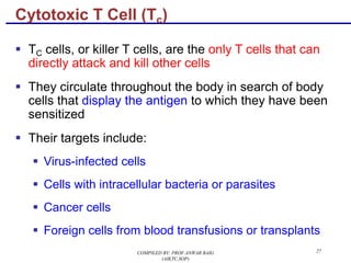 27
§ TC cells, or killer T cells, are the only T cells that can
directly attack and kill other cells
§ They circulate throughout the body in search of body
cells that display the antigen to which they have been
sensitized
§ Their targets include:
§ Virus-infected cells
§ Cells with intracellular bacteria or parasites
§ Cancer cells
§ Foreign cells from blood transfusions or transplants
Cytotoxic T Cell (Tc)
COMPILED BY: PROF.ANWAR BAIG
(AIKTC,SOP)
 