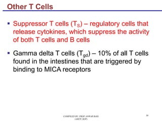 30
§ Suppressor T cells (TS) – regulatory cells that
release cytokines, which suppress the activity
of both T cells and B cells
§ Gamma delta T cells (Tgd) – 10% of all T cells
found in the intestines that are triggered by
binding to MICA receptors
Other T Cells
COMPILED BY: PROF.ANWAR BAIG
(AIKTC,SOP)
 