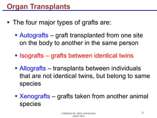 32
§ The four major types of grafts are:
§ Autografts – graft transplanted from one site
on the body to another in the same person
§ Isografts – grafts between identical twins
§ Allografts – transplants between individuals
that are not identical twins, but belong to same
species
§ Xenografts – grafts taken from another animal
species
Organ Transplants
COMPILED BY: PROF.ANWAR BAIG
(AIKTC,SOP)
 