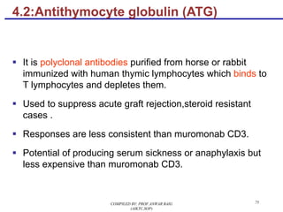 4.2:Antithymocyte globulin (ATG)
§ It is polyclonal antibodies purified from horse or rabbit
immunized with human thymic lymphocytes which binds to
T lymphocytes and depletes them.
§ Used to suppress acute graft rejection,steroid resistant
cases .
§ Responses are less consistent than muromonab CD3.
§ Potential of producing serum sickness or anaphylaxis but
less expensive than muromonab CD3.
75COMPILED BY: PROF.ANWAR BAIG
(AIKTC,SOP)
 
