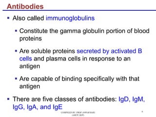 9
§ Also called immunoglobulins
§ Constitute the gamma globulin portion of blood
proteins
§ Are soluble proteins secreted by activated B
cells and plasma cells in response to an
antigen
§ Are capable of binding specifically with that
antigen
§ There are five classes of antibodies: IgD, IgM,
IgG, IgA, and IgE
Antibodies
COMPILED BY: PROF.ANWAR BAIG
(AIKTC,SOP)
 