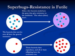 Superbugs-Resistance is Futile
Only a few bacteria (red) have
the gene that give resistance to
the antibiotic. The others (blue)
don’t.
The bacteria that survive
now all have the genetic
resistance.
Those bacteria then
reproduce, and all of their
offspring have the
resistance too.
 