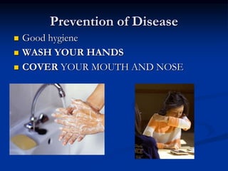 Prevention of Disease
 Good hygiene
 WASH YOUR HANDS
 COVER YOUR MOUTH AND NOSE
 