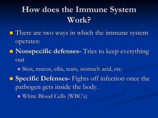 How does the Immune System
Work?
 There are two ways in which the immune system
operates:
 Nonspecific defenses- Tries to keep everything
out
 Skin, mucus, cilia, tears, stomach acid, etc.
 Specific Defenses- Fights off infection once the
pathogen gets inside the body.
 White Blood Cells (WBC’s)
 