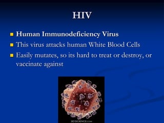 HIV
 Human Immunodeficiency Virus
 This virus attacks human White Blood Cells
 Easily mutates, so its hard to treat or destroy, or
vaccinate against
 