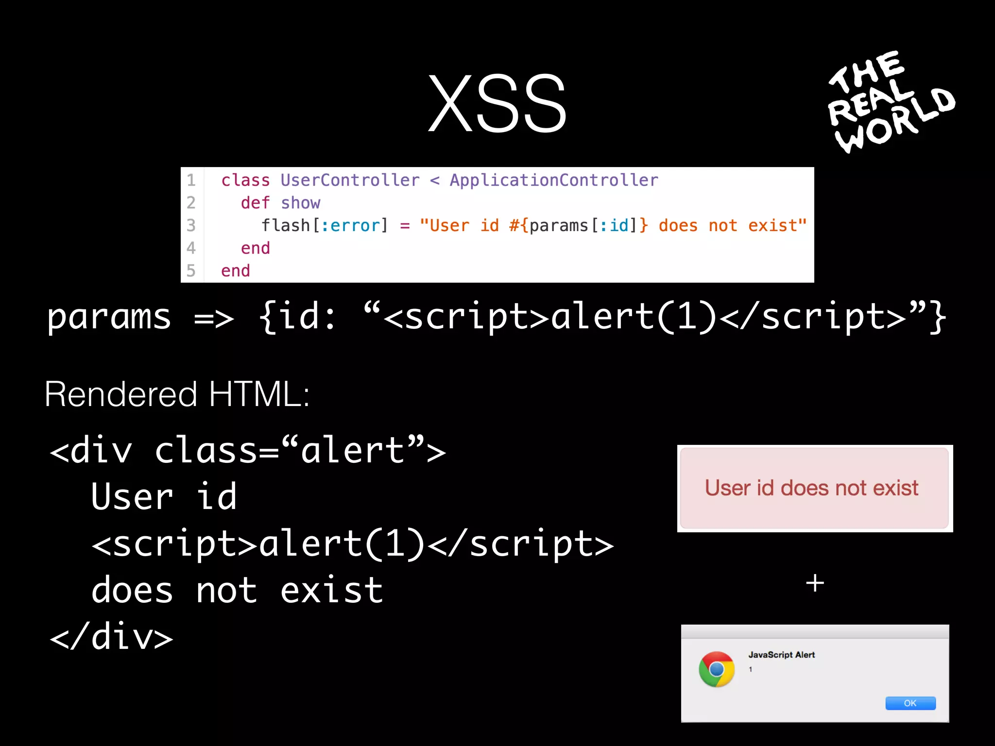 XSS
params => {id: “<script>alert(1)</script>”}
<div class=“alert”>
User id
<script>alert(1)</script>
does not exist
</div>
Rendered HTML:
+
 