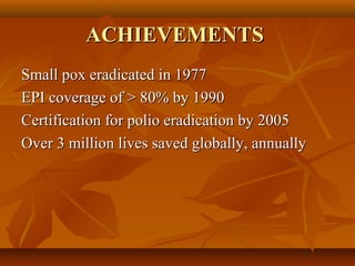 ACHIEVEMENTSACHIEVEMENTS
Small pox eradicated in 1977Small pox eradicated in 1977
EPI coverage of > 80% by 1990EPI coverage of > 80% by 1990
Certification for polio eradication by 2005Certification for polio eradication by 2005
Over 3 million lives saved globally, annuallyOver 3 million lives saved globally, annually
 
