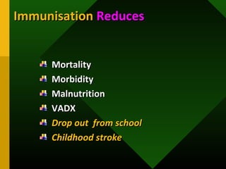 ImmunisationImmunisation ReducesReduces
MortalityMortality
MorbidityMorbidity
MalnutritionMalnutrition
VADXVADX
Drop out from schoolDrop out from school
Childhood strokeChildhood stroke
 