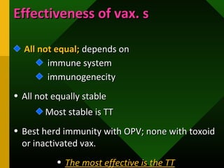 All not equal;All not equal; depends ondepends on
immune systemimmune system
immunogenecityimmunogenecity
• All not equally stableAll not equally stable
Most stable is TTMost stable is TT
• Best herd immunity with OPV; none with toxoidBest herd immunity with OPV; none with toxoid
or inactivated vax.or inactivated vax.
• The most effective is the TTThe most effective is the TT
Effectiveness of vax. sEffectiveness of vax. s
 