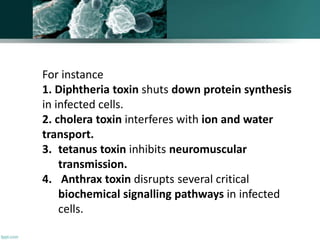 For instance
1. Diphtheria toxin shuts down protein synthesis
in infected cells.
2. cholera toxin interferes with ion and water
transport.
3. tetanus toxin inhibits neuromuscular
transmission.
4. Anthrax toxin disrupts several critical
biochemical signalling pathways in infected
cells.
 