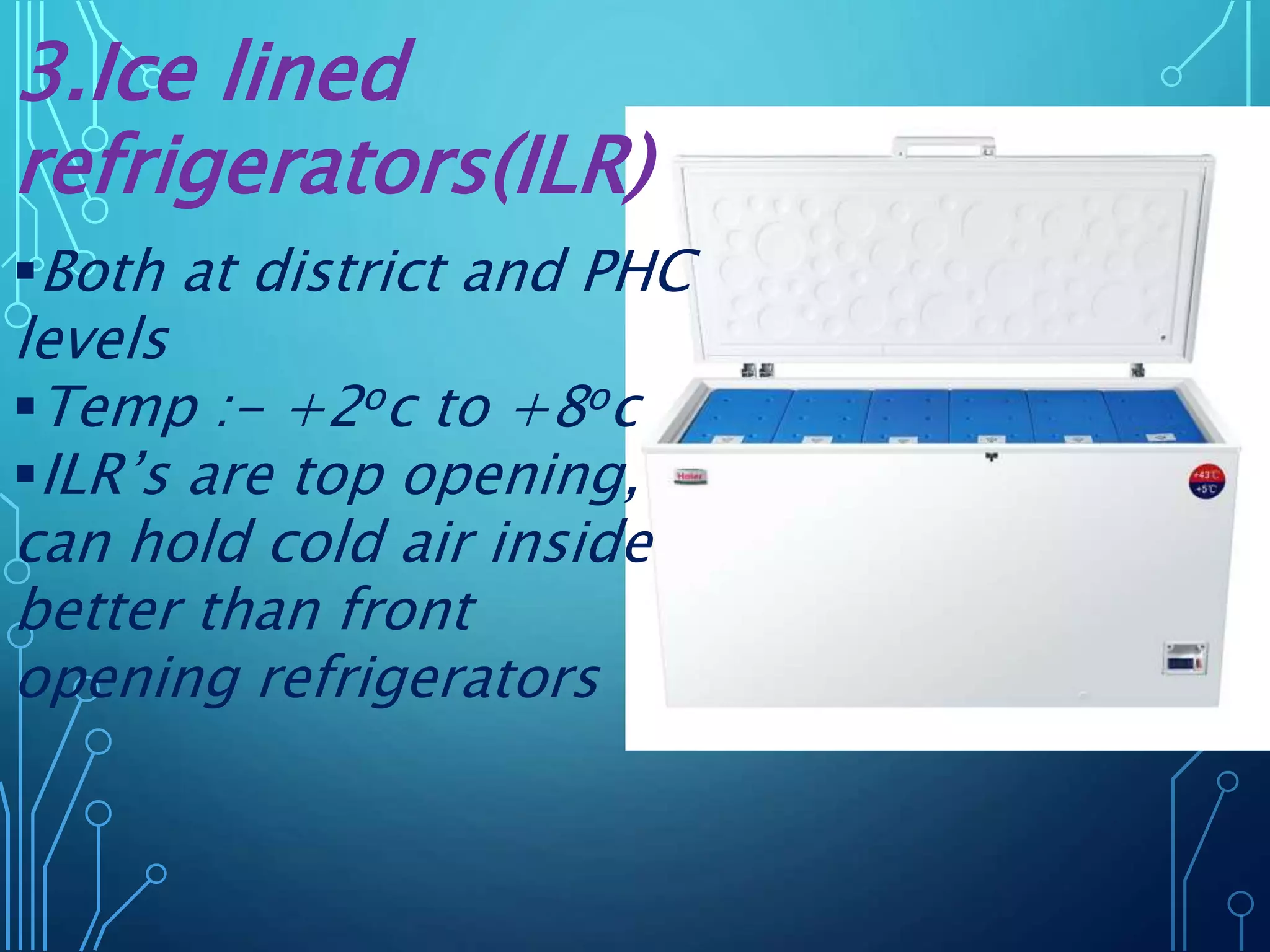 3.Ice lined
refrigerators(ILR)
Both at district and PHC
levels
Temp :- +2oc to +8oc
ILR’s are top opening,
can hold cold air inside
better than front
opening refrigerators
 