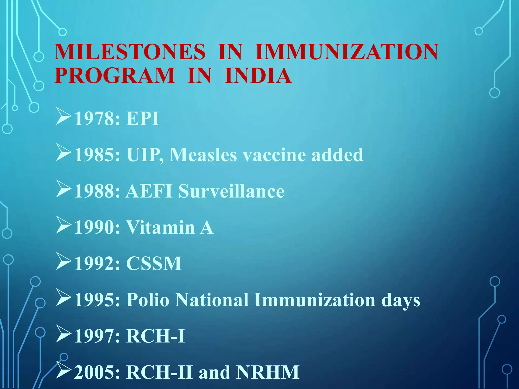 MILESTONES IN IMMUNIZATION
PROGRAM IN INDIA
1978: EPI
1985: UIP, Measles vaccine added
1988: AEFI Surveillance
1990: Vitamin A
1992: CSSM
1995: Polio National Immunization days
1997: RCH-I
2005: RCH-II and NRHM
 