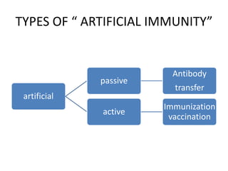 TYPES OF “ ARTIFICIAL IMMUNITY”
artificial
passive
Antibody
transfer
active
Immunization
vaccination
 