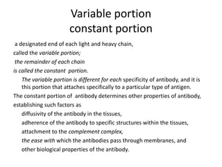 Variable portion
constant portion
a designated end of each light and heavy chain,
called the variable portion;
the remainder of each chain
is called the constant portion.
The variable portion is different for each specificity of antibody, and it is
this portion that attaches specifically to a particular type of antigen.
The constant portion of antibody determines other properties of antibody,
establishing such factors as
diffusivity of the antibody in the tissues,
adherence of the antibody to specific structures within the tissues,
attachment to the complement complex,
the ease with which the antibodies pass through membranes, and
other biological properties of the antibody.
 
