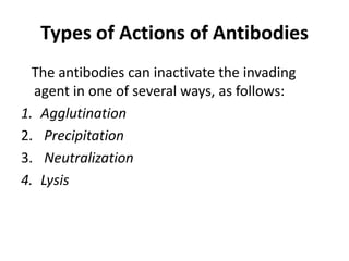 Types of Actions of Antibodies
The antibodies can inactivate the invading
agent in one of several ways, as follows:
1. Agglutination
2. Precipitation
3. Neutralization
4. Lysis
 