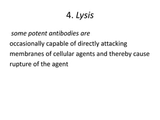 4. Lysis
some potent antibodies are
occasionally capable of directly attacking
membranes of cellular agents and thereby cause
rupture of the agent
 