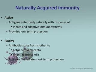 Naturally Acquired immunity
• Active
– Antigens enter body naturally with response of
• Innate and adaptive immune systems...