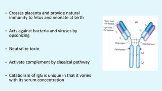 • Crosses placenta and provide natural
immunity to fetus and neonate at birth
• Acts against bacteria and viruses by
opsonizing
• Neutralize toxin
• Activate complement by classical pathway
• Catabolism of IgG is unique in that it varies
with its serum concentration
 