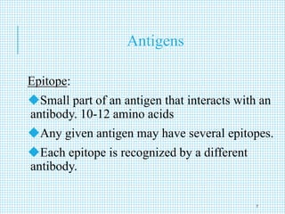 Antigens
Epitope:
Small part of an antigen that interacts with an
antibody. 10-12 amino acids
Any given antigen may have several epitopes.
Each epitope is recognized by a different
antibody.
7
 