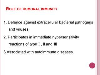 ROLE OF HUMORAL IMMUNITY
1. Defence against extracellular bacterial pathogens
and viruses.
2. Participates in immediate hypersensitivity
reactions of typeⅠ,Ⅱand Ⅲ
3.Associated with autoimmune diseases.
 