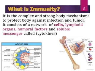 3
It Is the complex and strong body mechanisms
to protect body against infection and tumor.
It consists of a network of cells, lymphoid
organs, humoral factors and soluble
messenger called (cytokines)
 