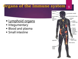Organs of the Immune system
 Lymphoid organs
 Integumentary
 Blood and plasma
 Small intestine
9
 