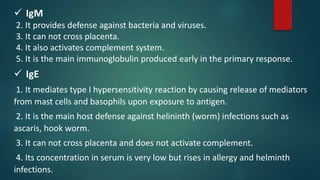  IgM
2. It provides defense against bacteria and viruses.
3. It can not cross placenta.
4. It also activates complement system.
5. It is the main immunoglobulin produced early in the primary response.
 IgE
1. It mediates type I hypersensitivity reaction by causing release of mediators
from mast cells and basophils upon exposure to antigen.
2. It is the main host defense against helininth (worm) infections such as
ascaris, hook worm.
3. It can not cross placenta and does not activate complement.
4. Its concentration in serum is very low but rises in allergy and helminth
infections.
 