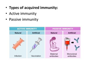 • Types of acquired immunity:
• Active immunity
• Passive immunity
 