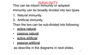 1
IMMUNITY
•
•
•
•
This can be inborn immunity or adopted
Immunity can be broadly divided into two types
1. Natural immunity.
2. Artiﬁcial immunity.
Then the two can be sub-divided into following:
active natural
passive natural
active artiﬁcial
passive artiﬁcial
as describe in the diagrams in next slides.
 