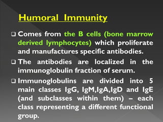  Comes from the B cells (bone marrow
derived lymphocytes) which proliferate
and manufactures specific antibodies.
 The antibodies are localized in the
immunoglobulin fraction of serum.
 Immunoglobulins are divided into 5
main classes IgG, IgM,IgA,IgD and IgE
(and subclasses within them) – each
class representing a different functional
group.
 
