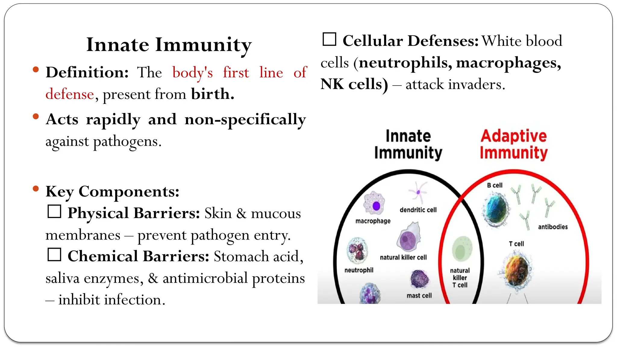 Innate Immunity
 Definition: The body's first line of
defense, present from birth.
 Acts rapidly and non-specifically
against pathogens.
 Key Components:
✅ Physical Barriers: Skin & mucous
membranes – prevent pathogen entry.
✅ Chemical Barriers: Stomach acid,
saliva enzymes, & antimicrobial proteins
– inhibit infection.
✅ Cellular Defenses:White blood
cells (neutrophils, macrophages,
NK cells) – attack invaders.
 