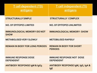 T cell dependent (TD)
antigens
T cell independent (TI)
antigens
STRUCTURALLY SIMPLE STRUCTURALLY COMPLEX
NO. OF EPITOPES LIMITED NO. OF EPITOPES UNLIMITED
IMMUNOLOGICAL MEMORY-DO NOT
SHOW
IMMUNOLOGICAL MEMORY- SHOW
METABOLISEDVERY SLOWLY METOBILISED RAPIDLY
REMAIN IN BODY FOR LONG PERIODS REMAIN IN BODY FOR SHORT
PERIODS
IMMUNE RESPONSE DOSE
DEPENDENT
IMMUNE RESPONSE NOT DOSE
DEPENDENT
ANTIBODY RESPONSE IgM & IgG3 ANTIBODY RESPONSE IgM, IgG, IgA &
IgE
 