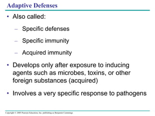Adaptive Defenses 
• Also called: 
– Specific defenses 
– Specific immunity 
– Acquired immunity 
• Develops only after exposure to inducing 
agents such as microbes, toxins, or other 
foreign substances (acquired) 
• Involves a very specific response to pathogens 
Copyright © 2005 Pearson Education, Inc. publishing as Benjamin Cummings 
 
