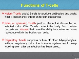 Functions of T-cells
 Helper T-cells assist B-cells to produce antibodies and assist
killer T-cells in their attack on foreign substances.
 Killer, or cytotoxic, T-cells perform the actual destruction of
infected cells. Killer T-cells protect the body from certain
bacteria and viruses that have the ability to survive and even
reproduce within the body’s own cells.
 Regulatory T-cells suppress or turn off other T-lymphocytes.
Without regulatory cells, the immune system would keep
working even after an infection has been cured.
24
 