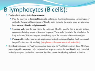 B-lymphocytes (B cells):
 Produced and mature in the bone marrow.
 Play the lead role in humoral immunity and mainly functions to produce various types of
antibody. Several different types of B-cells exist but only the major ones are discussed
here: memory B-cells and plasma cells.
 Memory cells are formed from the activated B-cells specific for a certain antigen
encountered during an active immune response. These cells remain in the circulation for
long periods of time and respond immediately upon the exposure of the same antigen.
 Plasma cells produce and secrete copious amounts of various antibodies. Each plasma cell
is specific for a specific antibody (one plasma cell cannot secrete all antibodies).
 B-cell activation can be T-cell dependent or it can also be T-cell independent. Since MHC can
present peptide sequences only, carbohydrate sequences directly bind B-cells and cross-link
antibody receptors (antibodies can act as B-cell receptors also) leading to B-cell activation.
 