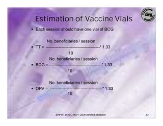 Estimation of Vaccine Vials
— Each session should have one vial of BCG


        No. beneficiaries / session
— TT = ---------------------------------------* 1.33
                       10
         No. beneficiaries / session
— BCG = --------------------------------------* 1.33
                       10

        No. beneficiaries / session
— OPV = --------------------------------------* 1.33
                     10



               SIHFW: an ISO 9001: 2008 certified institution   30
 
