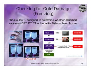 Checking for Cold Damage
            (Freezing)
•Shake Test :- designed to determine whether adsorbed
vaccines (DPT, DT, TT or Hepatitis B) have been frozen.




           Control      Test




             Test     Control
             Discard
                     SIHFW: an ISO 9001: 2008 certified institution   48
 