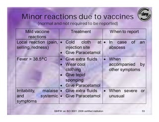Minor reactions due to vaccines
                (normal and not required to be reported)

     Mild vaccine          Treatment         When to report
       reactions
Local reaction (pain, · Cold     cloth at · In case of an
selling, redness)       injection site      abscess
                      · Give Paracetamol
Fever > 38.5°C            · Give extra fluids · When
                          · Wear cool           accompanied by
                            clothing            other symptoms
                          · Give tepid
                            sponging
                          · Give Paracetamol
Irritability,     malaise · Give extra fluids · When severe or
and              systemic · Give Paracetamol    unusual
symptoms

                        SIHFW: an ISO 9001: 2008 certified institution   53
 