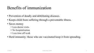 Benefits of immunization
• Prevention of deadly and debilitating diseases.
• Keeps child from suffering through a preventable illness.
• Saves money
• Less doctor visits.
• No hospitalization
• Less time off work
• Herd immunity: those who are vaccinated keep it from spreading.
67/5/2018 Aslam Aman_MPH
 