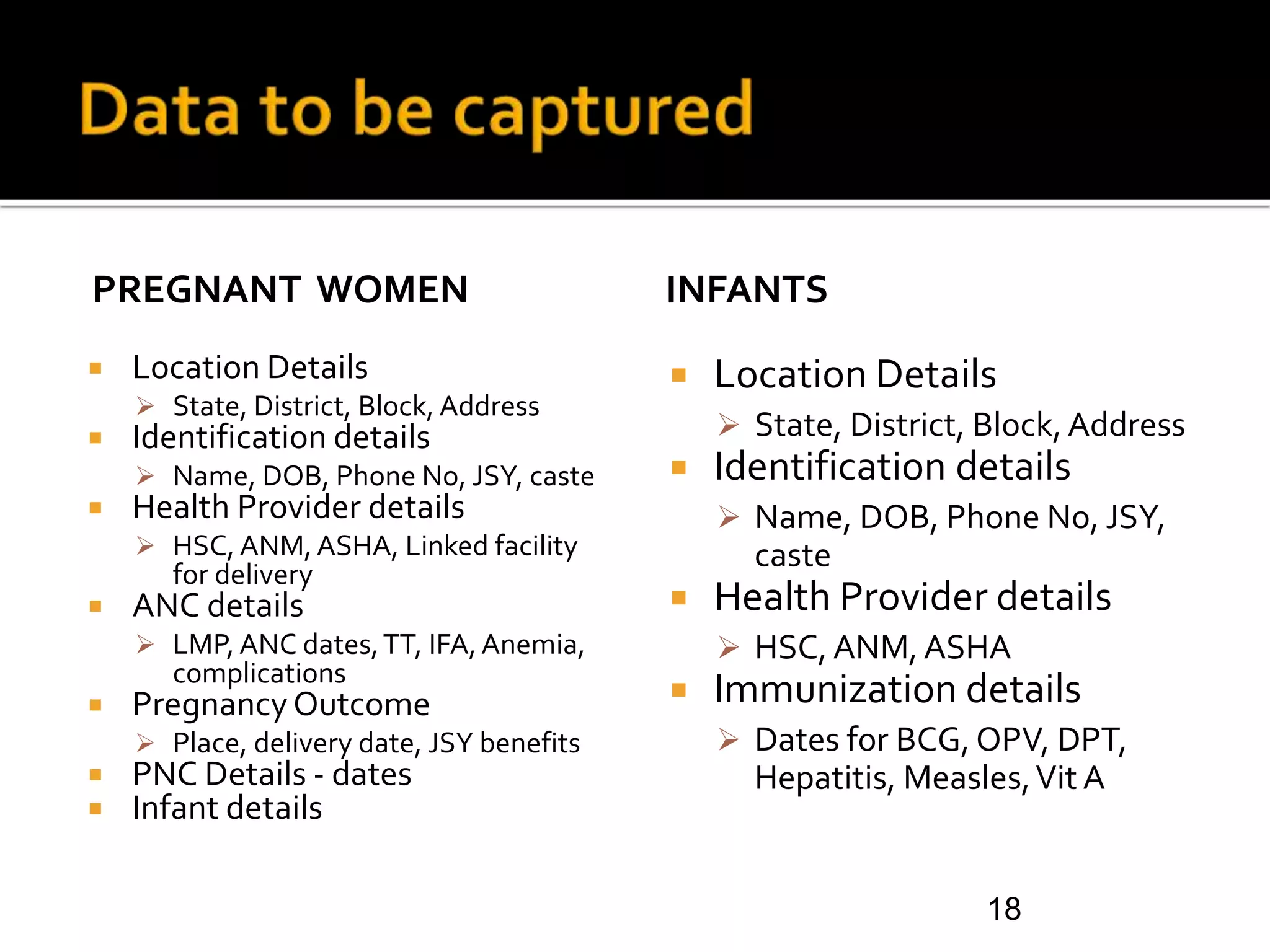PREGNANT WOMEN
 Location Details
 State, District, Block, Address
 Identification details
 Name, DOB, Phone No, JSY, caste
 Health Provider details
 HSC, ANM,ASHA, Linked facility
for delivery
 ANC details
 LMP, ANC dates,TT, IFA,Anemia,
complications
 Pregnancy Outcome
 Place, delivery date, JSY benefits
 PNC Details - dates
 Infant details
INFANTS
 Location Details
 State, District, Block,Address
 Identification details
 Name, DOB, Phone No, JSY,
caste
 Health Provider details
 HSC, ANM,ASHA
 Immunization details
 Dates for BCG, OPV, DPT,
Hepatitis, Measles,Vit A
18
 