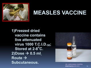 DR. HARIVANSH CHOPRA
(harichop@gmail.com)
1)Freezed dried
vaccine contains
live attenuated
virus 1000 T.C.I.D.50;
Stored at 2-8
o
C.
2)Dose  0.5 ml;
Route 
Subcutaneous.
MEASLES VACCINE
3/19/2019 55
 